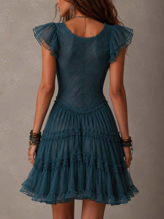Vestido Mini con volantes de encaje azul retro y gasa