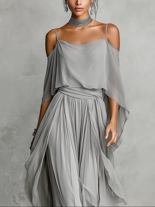 Conjunto de gasa gris: camiseta sin mangas y pantalón