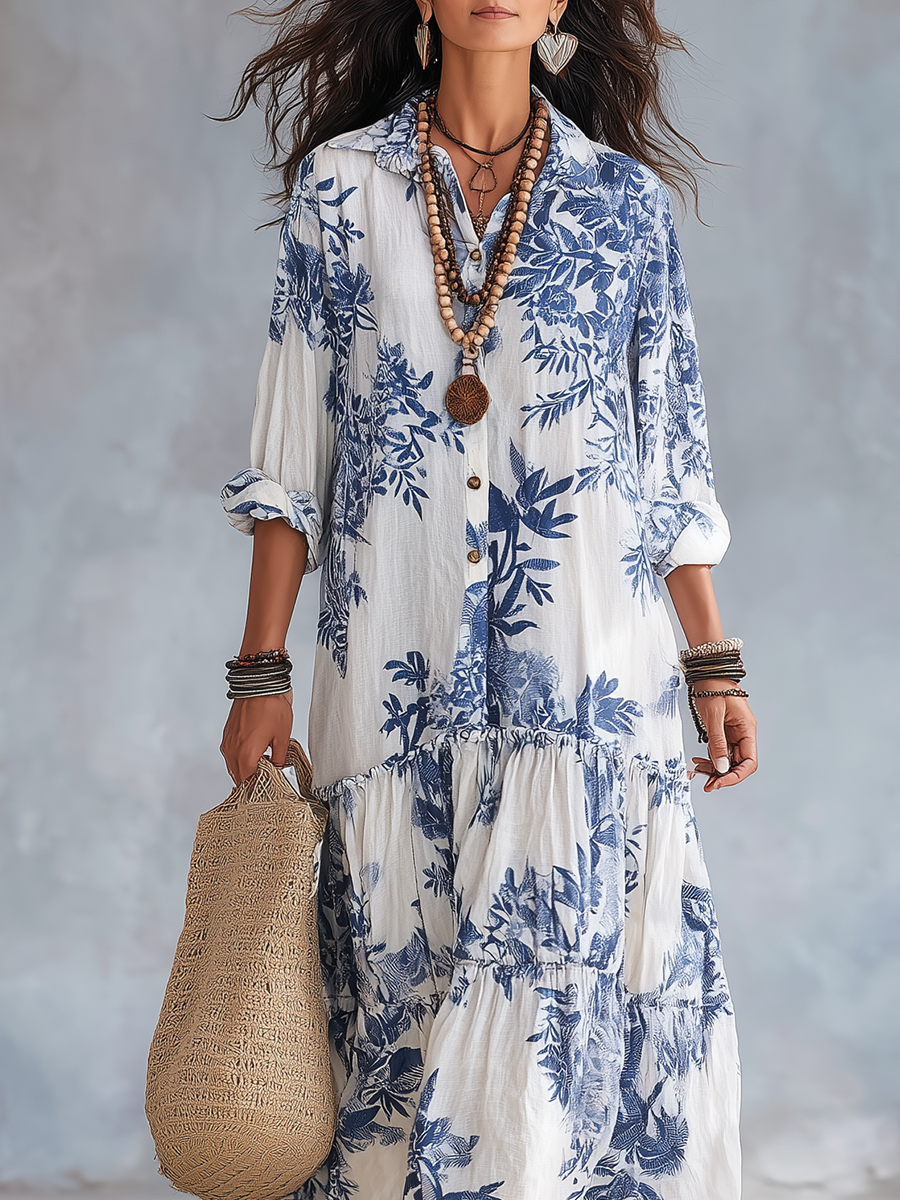 Vestido largo bohemio azul con estampado floral y botones