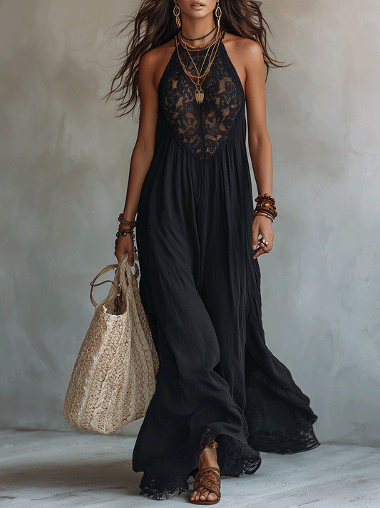 Elegante vestido largo de noche bohemio sin mangas con caída suave.