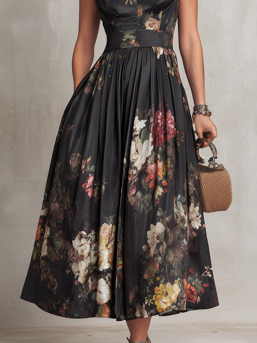Vestido midi negro de satén plisado con escote en forma de ojo de cerradura