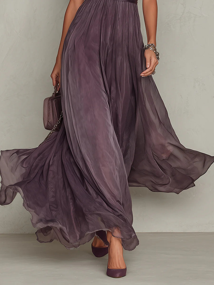Vestido largo de gasa morado con escote en V