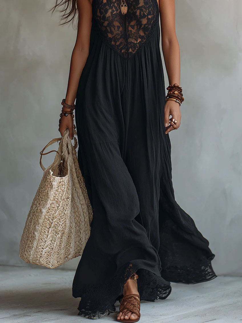 Vestido largo bohemio negro sin mangas de encaje