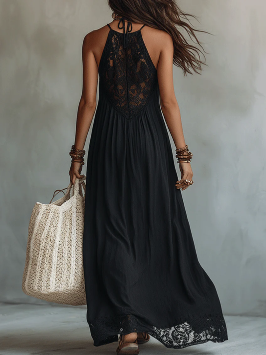 Vestido largo bohemio negro sin mangas de encaje