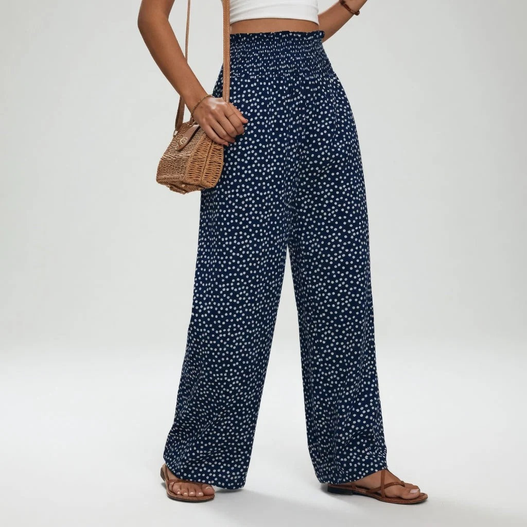 Pantalón Palazzo Mujer con Estampado Floral y Cintura Elástica