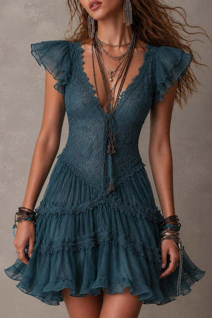 Vestido Mini con volantes de encaje azul retro y gasa
