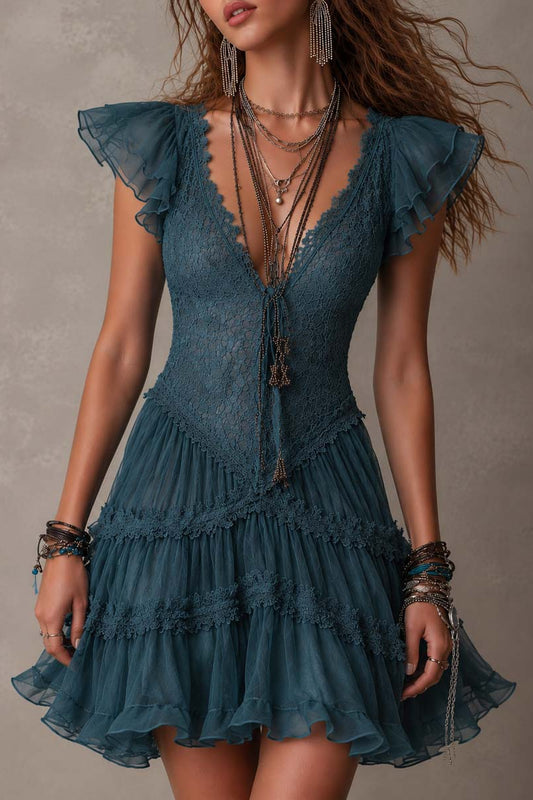 Vestido Mini con volantes de encaje azul retro y gasa