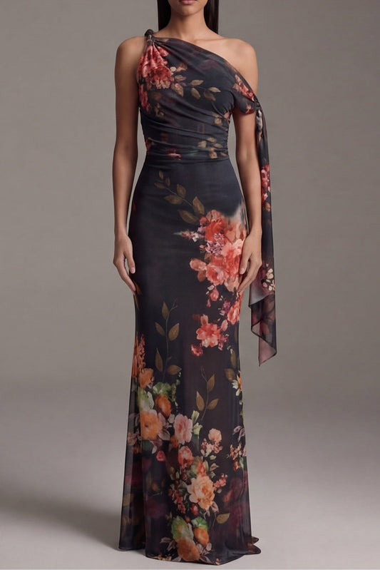 Vestido largo plisado negro de un solo hombro