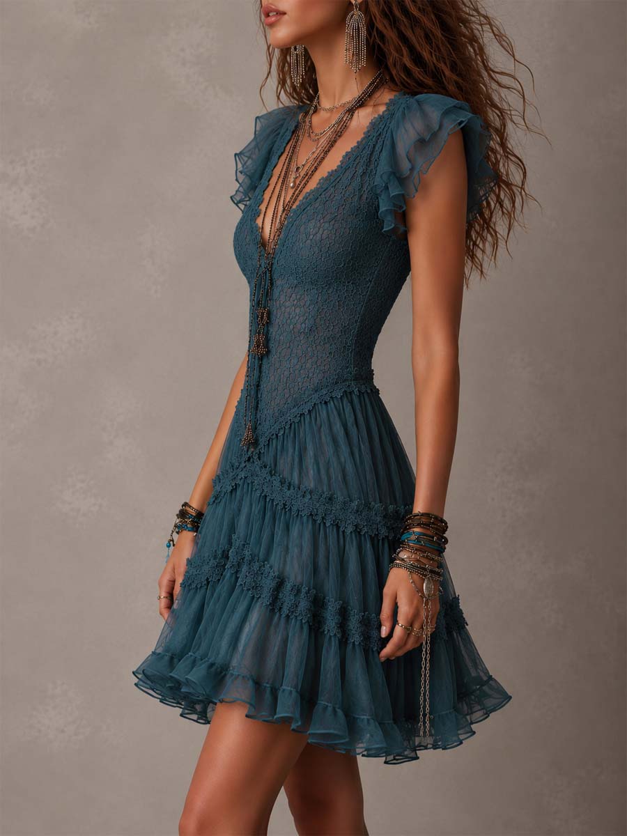 Vestido Mini con volantes de encaje azul retro y gasa