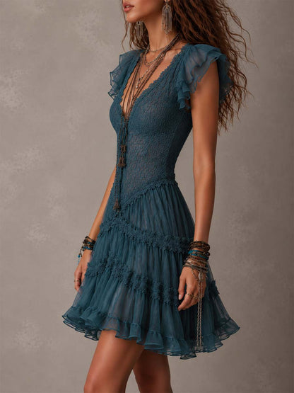 Vestido Mini con volantes de encaje azul retro y gasa