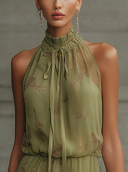 Vestido mini de gasa con flor verde y cintura alta