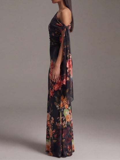 Vestido largo plisado negro de un solo hombro