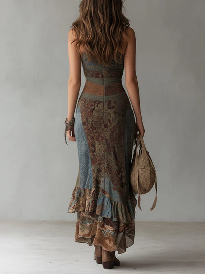 Vestido largo étnico estampado con hombros descubiertos