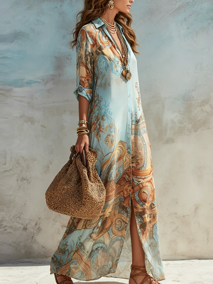 Vestido largo de gasa azul con estampado floral estilo barroco