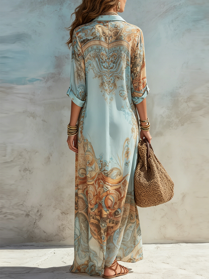 Vestido largo de gasa azul con estampado floral estilo barroco