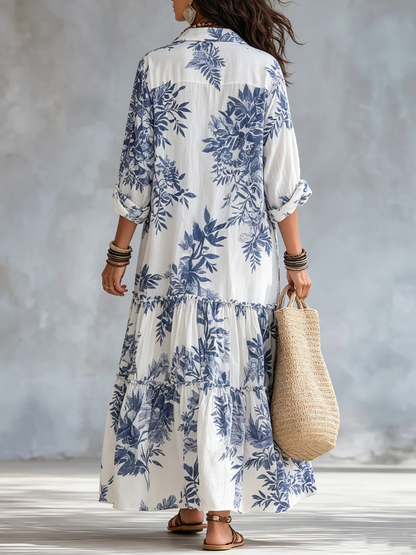 Vestido largo bohemio azul con estampado floral y botones