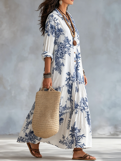 Vestido largo bohemio azul con estampado floral y botones