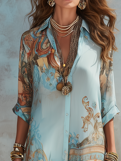 Vestido largo de gasa azul con estampado floral estilo barroco