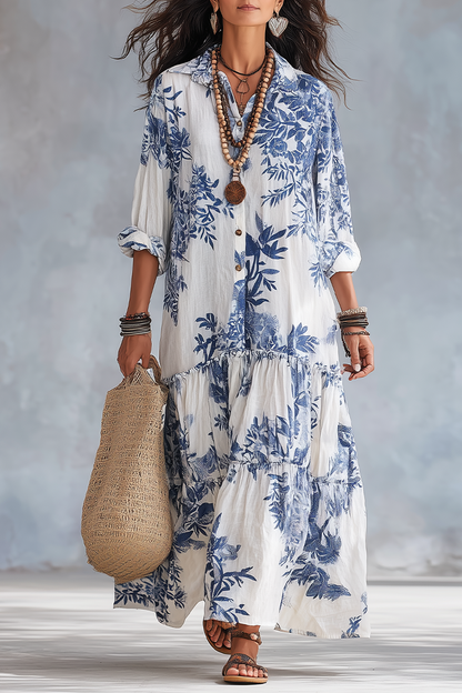 Vestido largo bohemio azul con estampado floral y botones