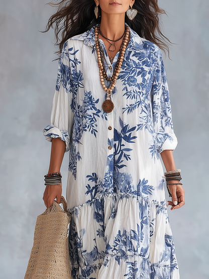 Vestido largo bohemio azul con estampado floral y botones