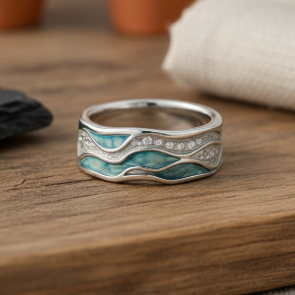 Anillo de plata con diseño de olas turquesas