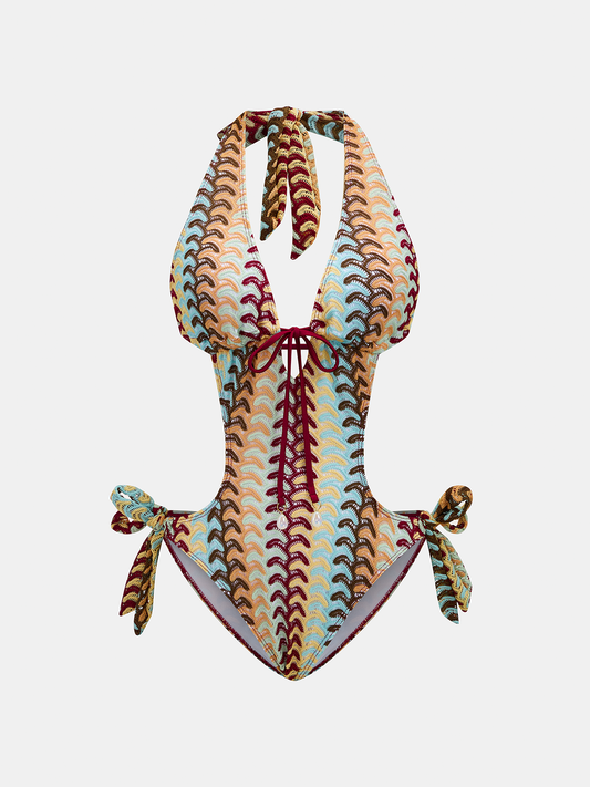 Bañador de una pieza con cuello halter y estampado de ondas multicolor
