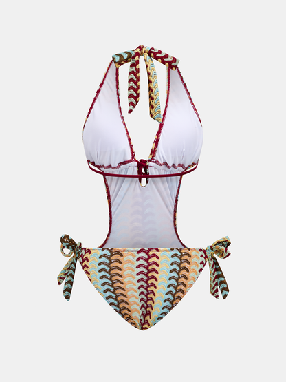 Bañador de una pieza con cuello halter y estampado de ondas multicolor