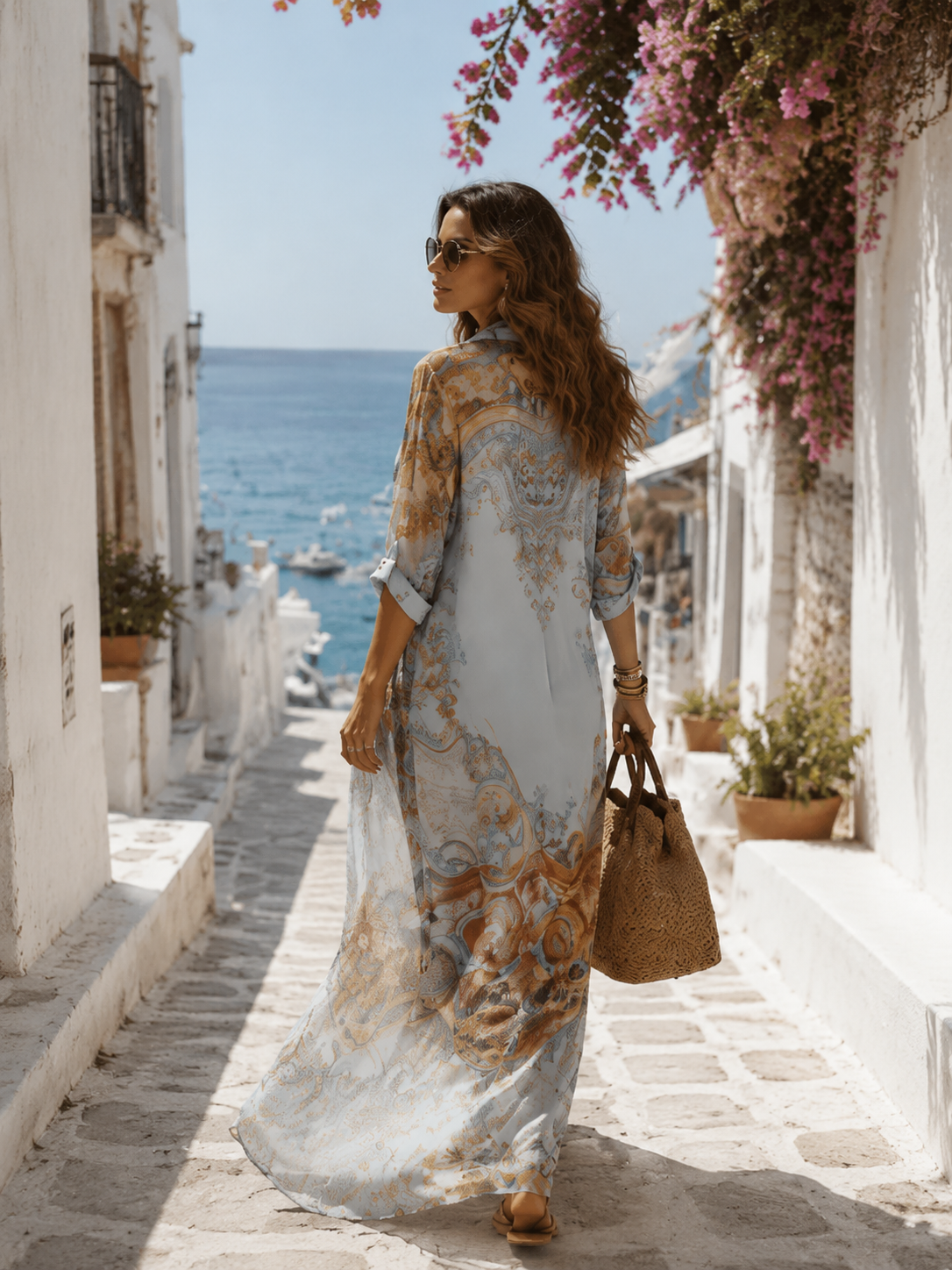 Vestido largo de gasa azul con estampado floral estilo barroco