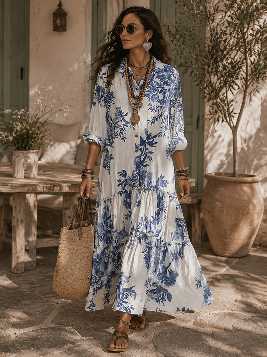 Vestido largo bohemio azul con estampado floral y botones