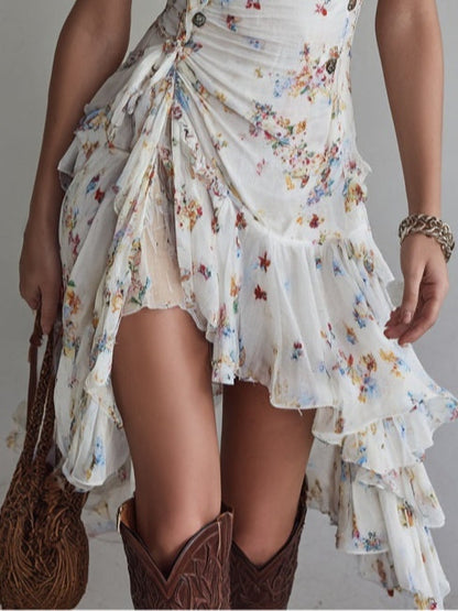 Vestido mini en V con tirantes finos y estampado floral en la espalda
