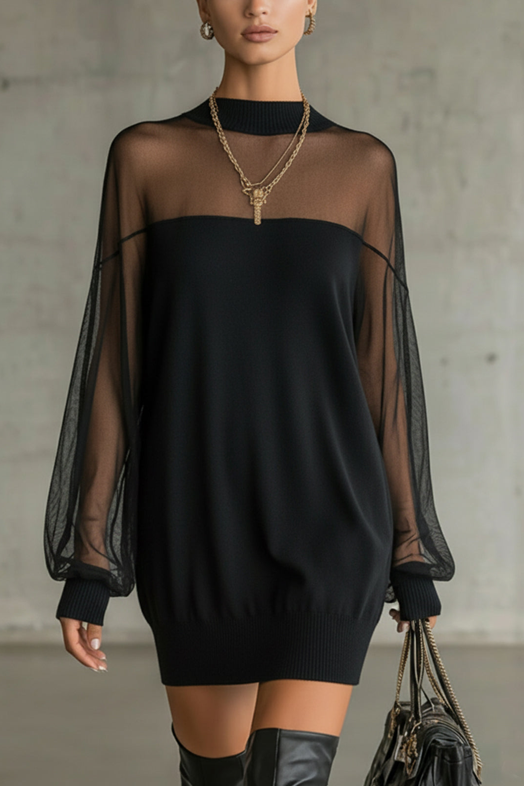 Vestido mini negro con mangas de red transparente y cuello alto