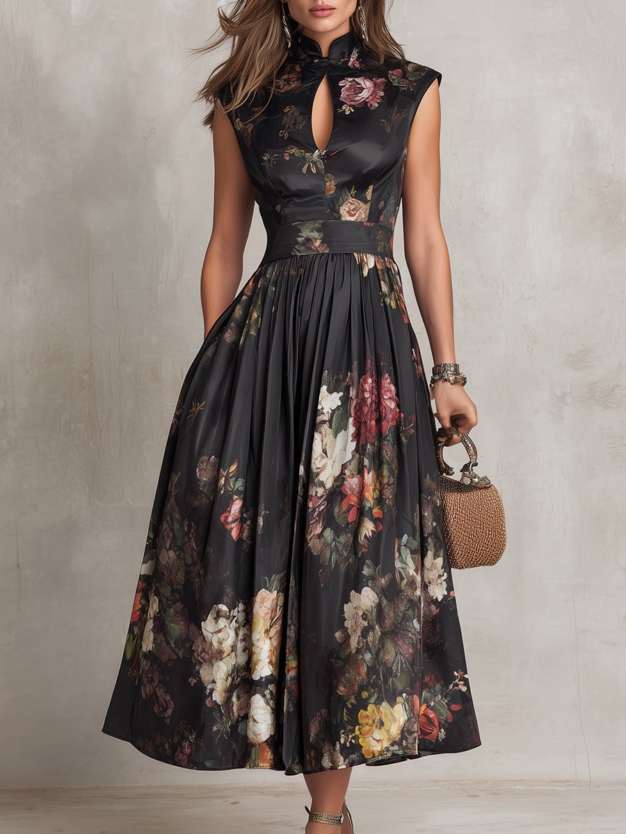 Vestido midi negro de satén plisado con escote en forma de ojo de cerradura