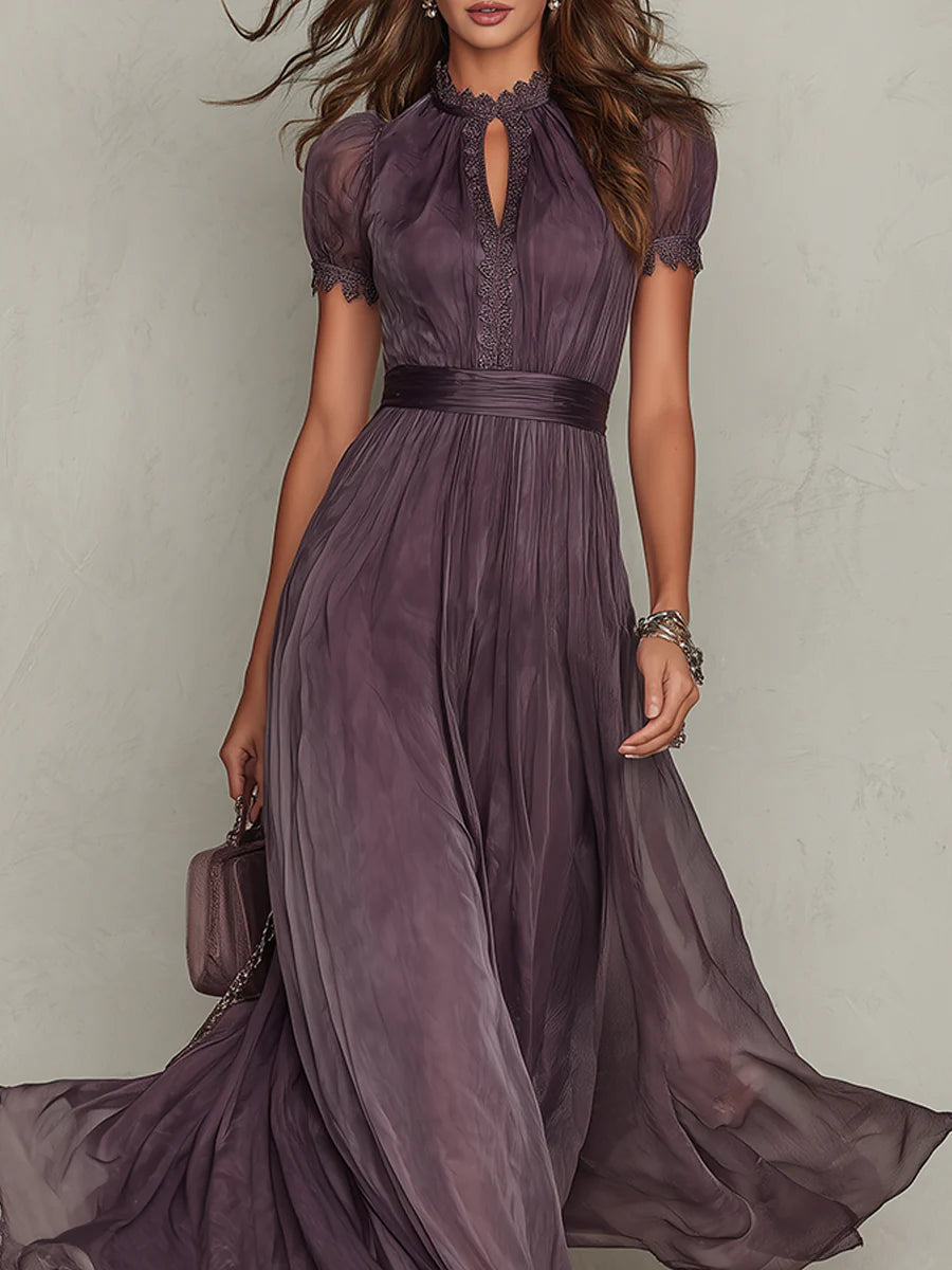 Vestido largo de gasa morado con escote en V