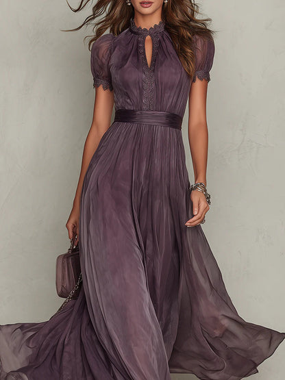 Vestido largo de gasa morado con escote en V
