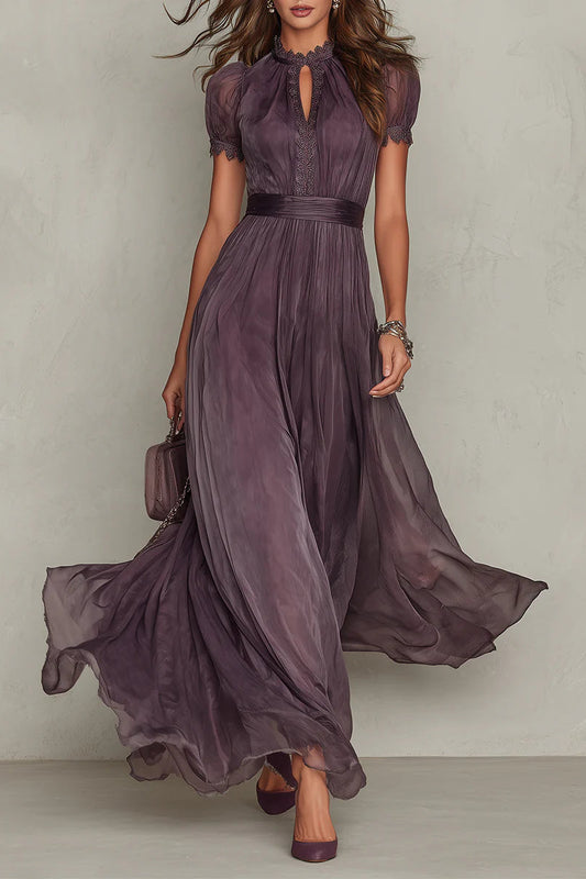 Vestido largo de gasa morado con escote en V