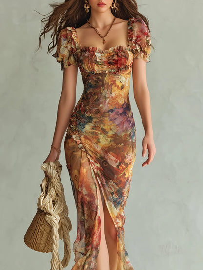 Vestido largo de gasa naranja con estampado al óleo