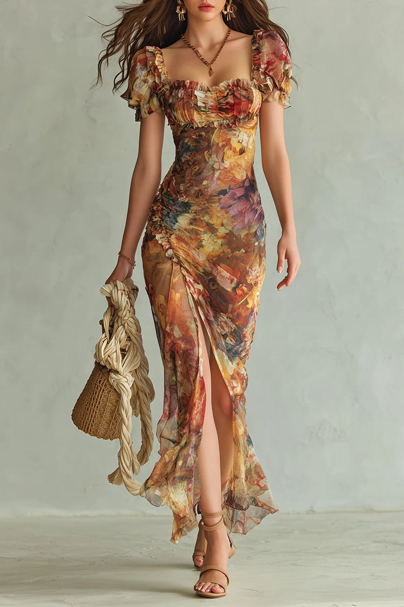 Vestido largo de gasa naranja con estampado al óleo
