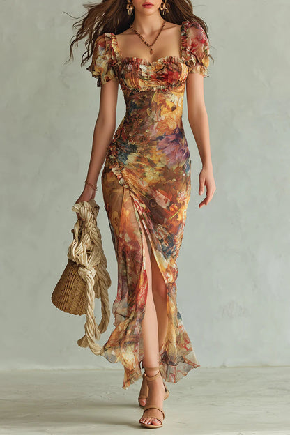 Vestido largo de gasa naranja con estampado al óleo