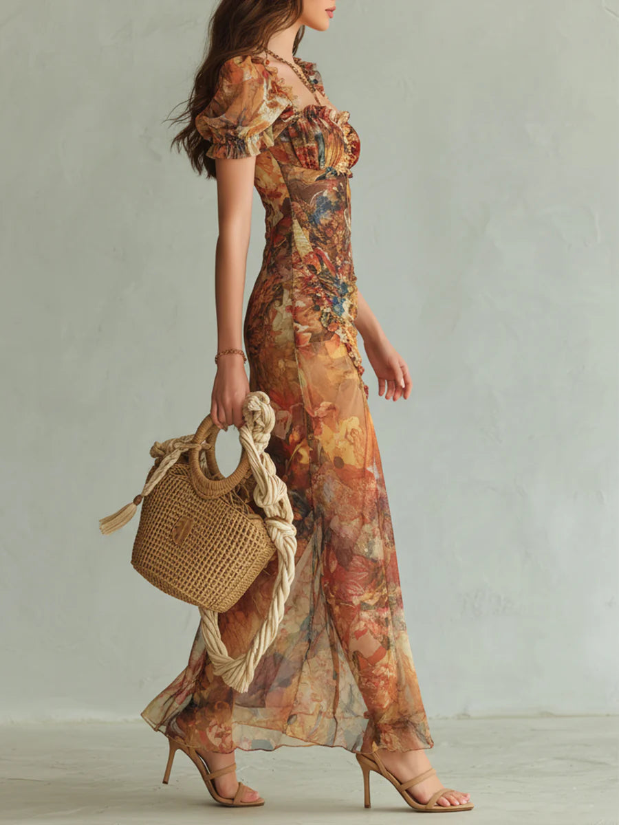 Vestido largo de gasa naranja con estampado al óleo
