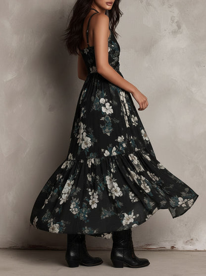 Vestido largo sin tirantes con estampado floral negro