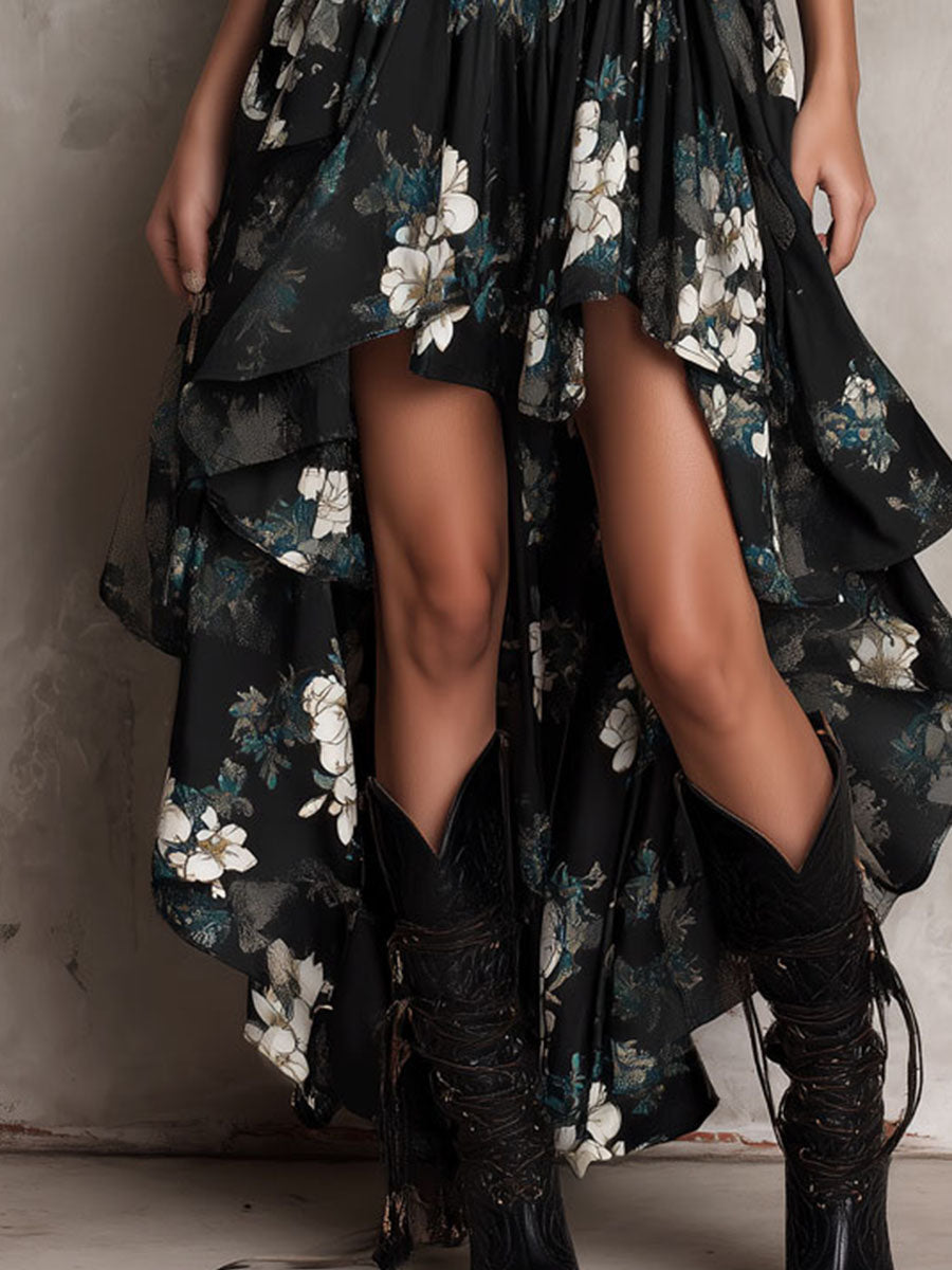Vestido largo sin tirantes con estampado floral negro