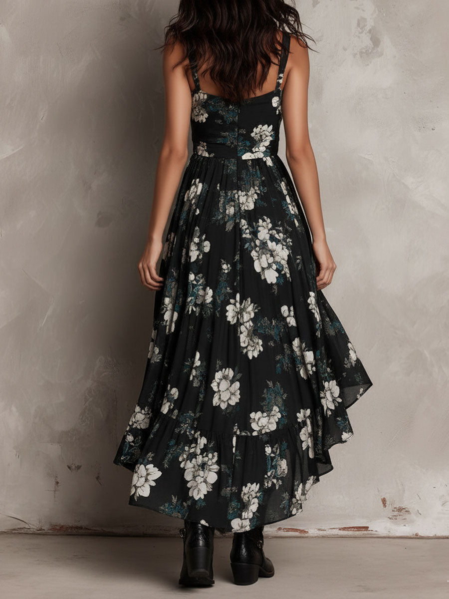 Vestido largo sin tirantes con estampado floral negro