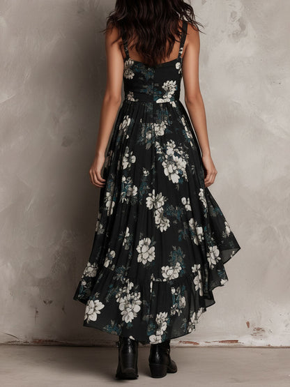 Vestido largo sin tirantes con estampado floral negro