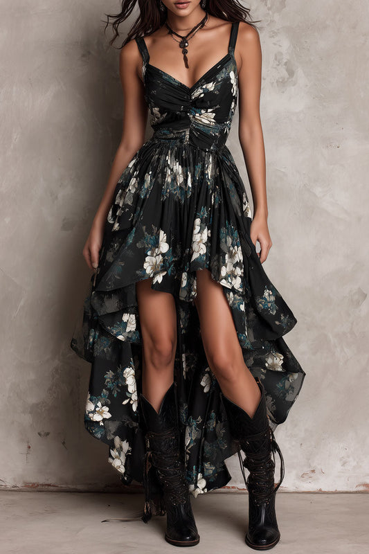 Vestido largo sin tirantes con estampado floral negro