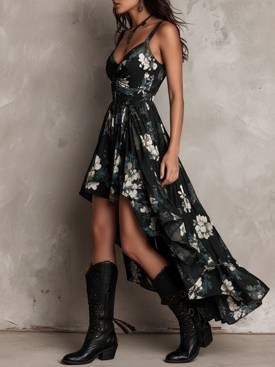 Vestido largo sin tirantes con estampado floral negro