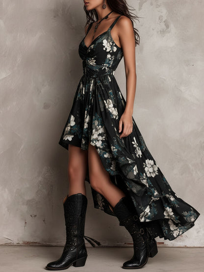 Vestido largo sin tirantes con estampado floral negro