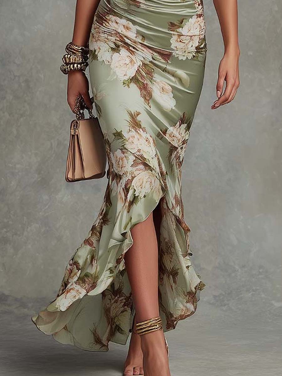 Vestido largo asimétrico de satén con estampado floral verde