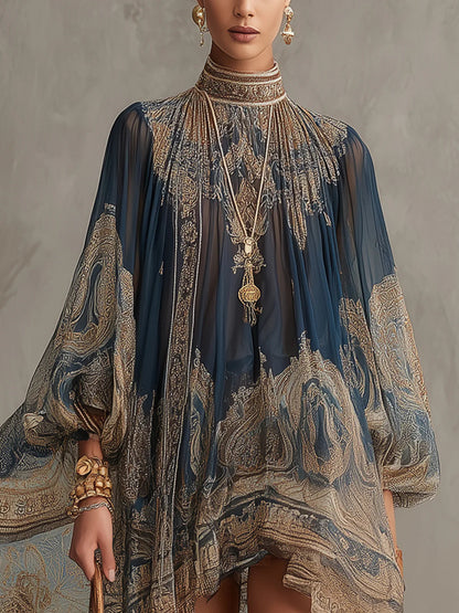 Vestido mini asimétrico con estampado barroco en azul marino y cuello alto
