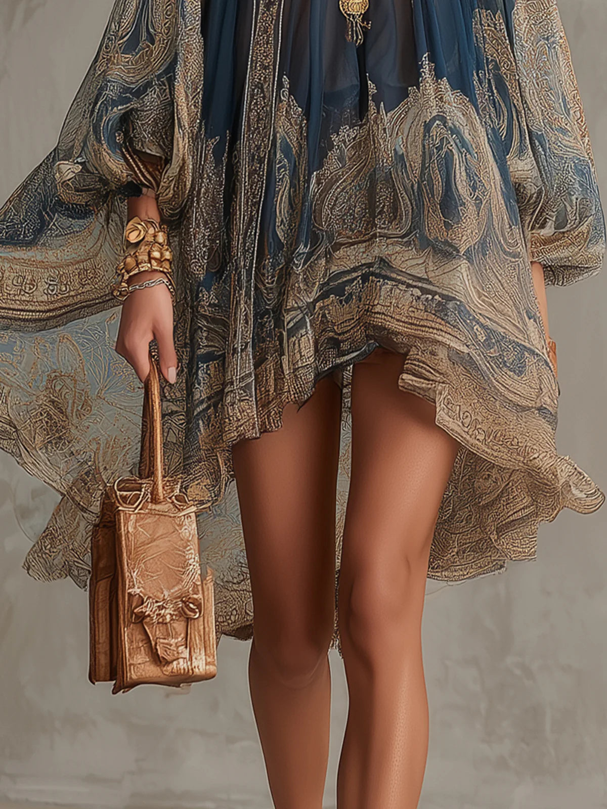 Vestido mini asimétrico con estampado barroco en azul marino y cuello alto