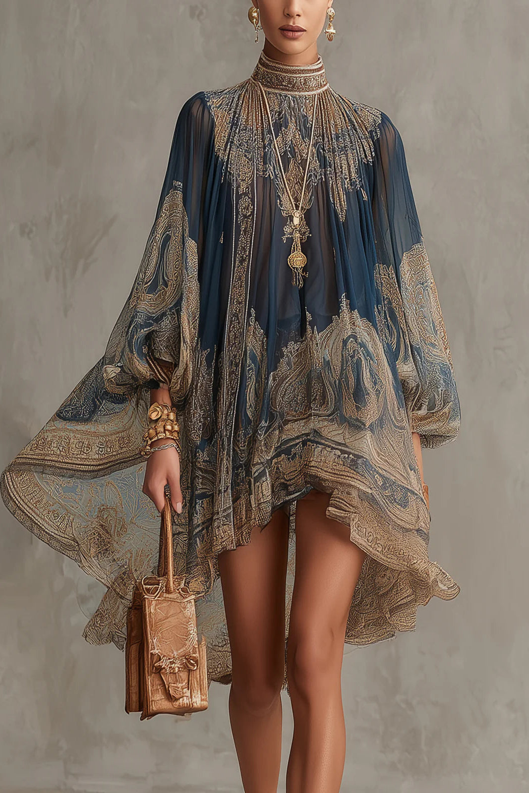 Vestido mini asimétrico con estampado barroco en azul marino y cuello alto